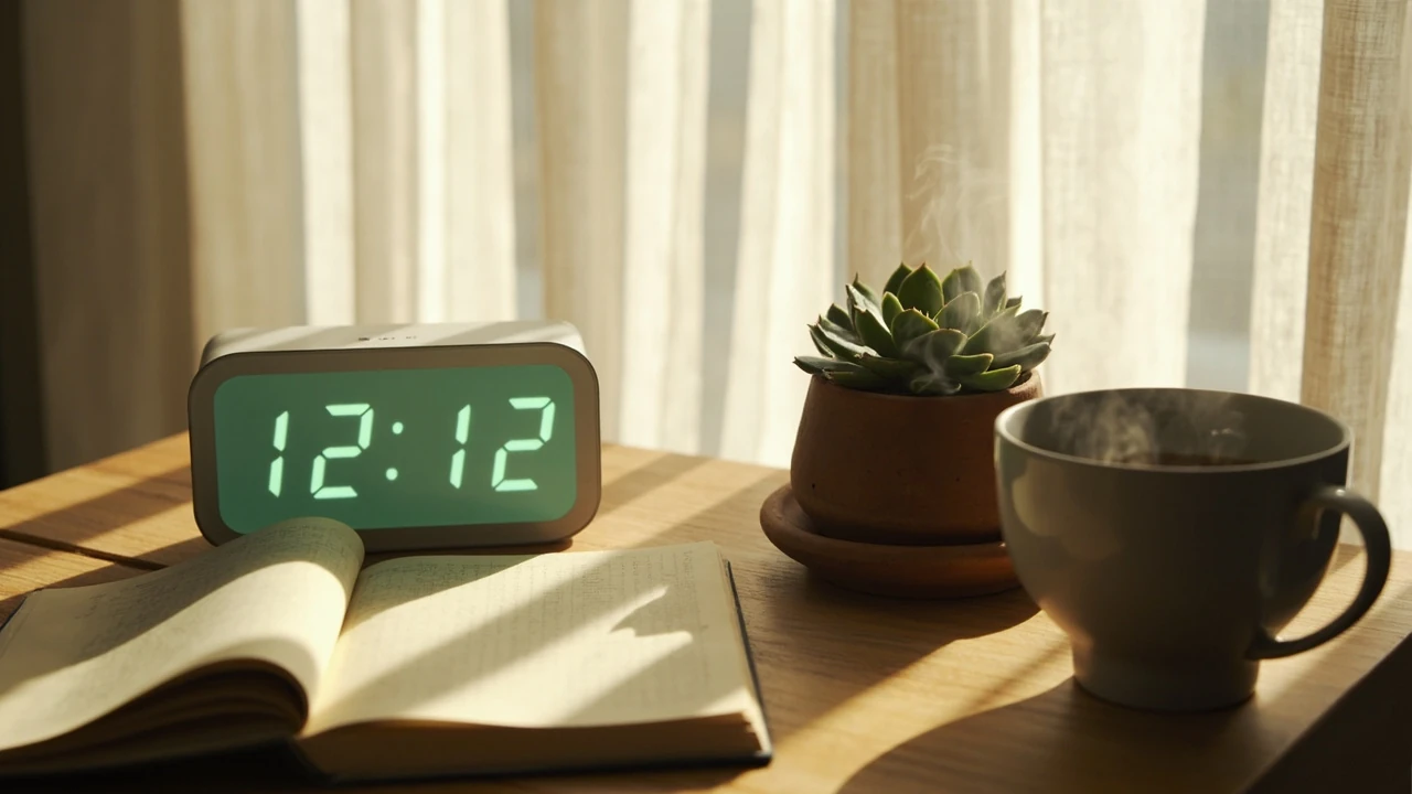 Digitale Uhr mit der Anzeige 12:12 auf einem Nachttisch, Symbolik f&uuml;r Spiegelzeiten