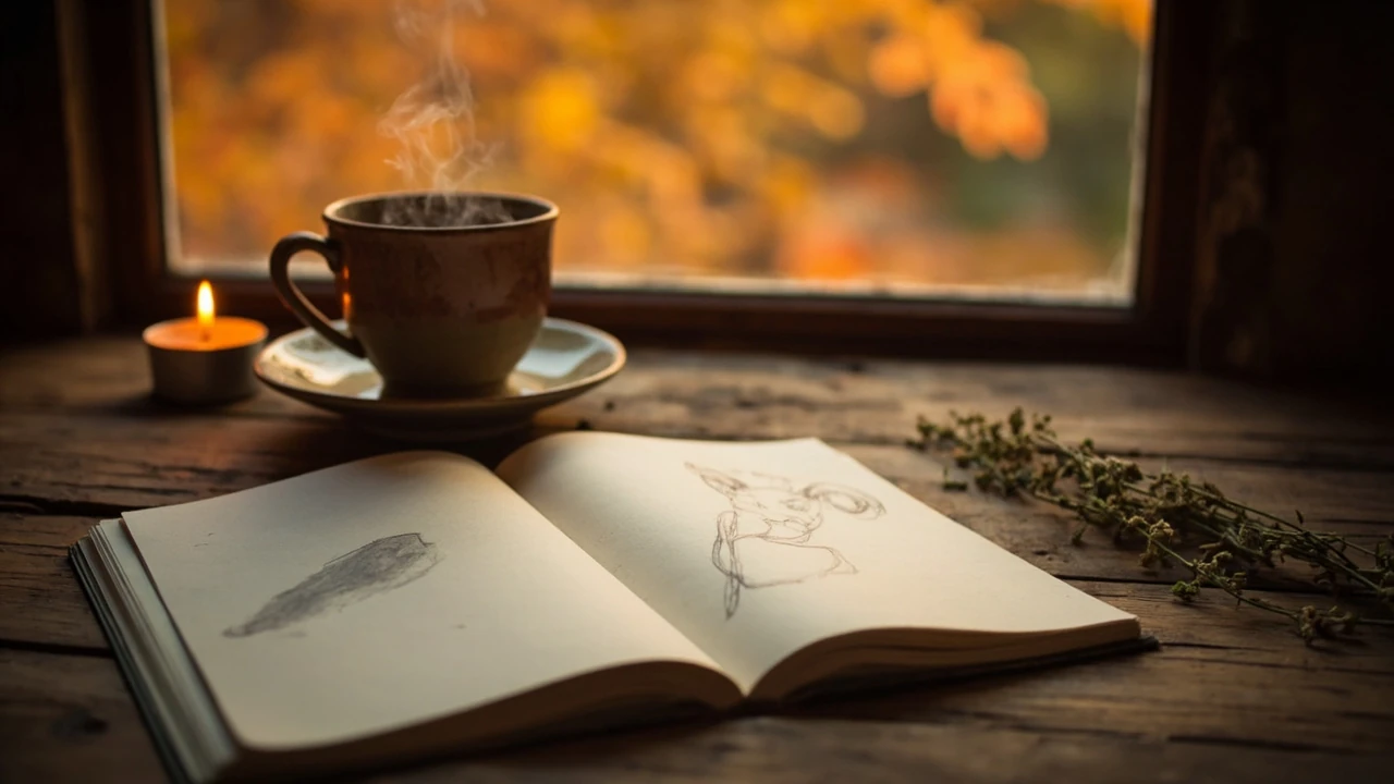 Widder-Symbol auf einem Notizbuch mit Tee und Kerze, herbstliche Stimmung für das Wochenhoroskop