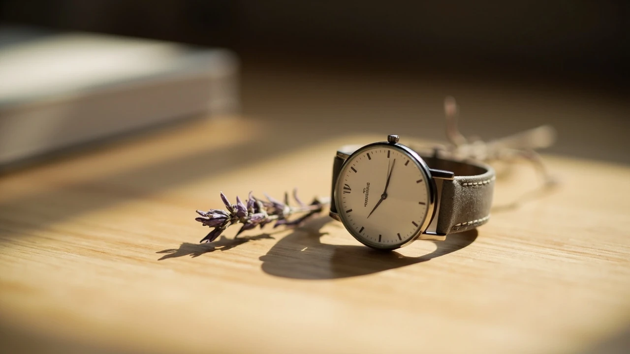 Analoge Uhr mit der Zeit 13:13 auf einem Holztisch